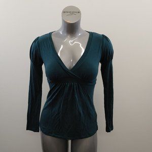RW & CO. Women's V Neck Long Sleeve Top Size Small Teal Tencel Blend